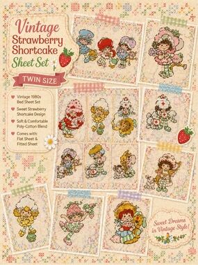 Vintage Strawberry Shortcake Twin Sheet Set 1980s Cottagecore